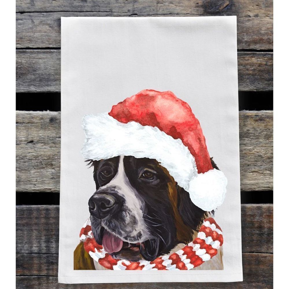 Hippie Hound Studios Christmas Dog Towel “Saint Bernard ” Holiday Towel Set 2 NW